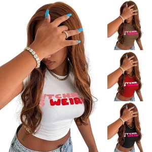 198 Nuevas camisetas cortas elásticas con estampado de letras para mujer - Product Image 5