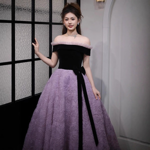 Purple Off The Shoulder Ball Gown Velvet Empire Waist Plus Size Evening Dress For Birthday Party Bride Art Exam Performance - Product Image 3
