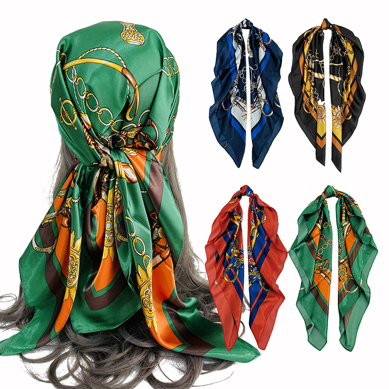 Мусульманский головной платок, Женский атласный шарф черного и золотого цвета, атласный головной убор с принтом в внешнем стиле, большой платок из искусственного шелка