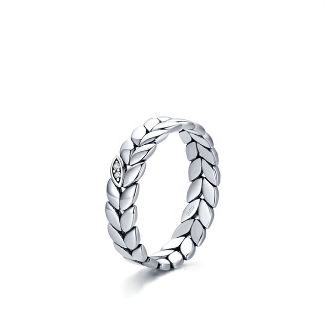 OEM Women's Princess Cut Cubic Zirconia Trendy Silver Ring Engraved 925 Sterling Resizable Leaf Wedding Rings