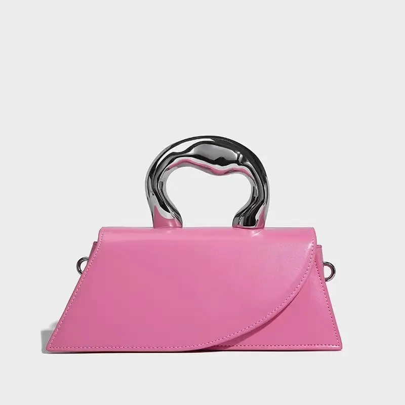 Light Luxury Versatile crossbody bag fashionable handheld PU leather trapezium design small square bag metal bracelet