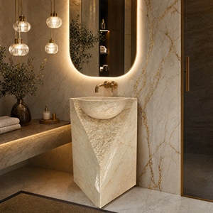 Poulars - Lavabo de Pedestal de Lujo para Montar en la Pared, de Piedra Natural y Artificial, para Lavado de Manos, Sofitel, Beige, Mármol - Product Image 6