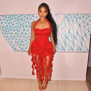 Robe Dos Nu à Licou 2025 pour <span class=keywords><strong>Femme</strong></span>, Chic d'Été avec Ourlet Irrégulier à Franges, Sexy pour Fête d'Anniversaire, Fendue, Moulante pour Soirée en Club - Product Image 4