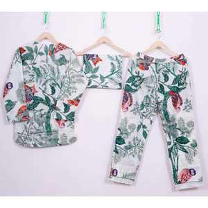 Ensemble de pyjama 2 pièces en satin 100 % coton imprimé à la main, taille élastique, manches longues, respirant, prix de gros - Product Image 4