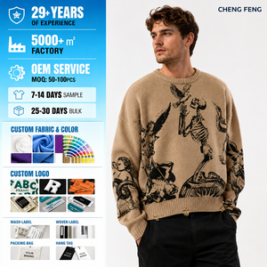Maglione da Uomo Personalizzato in Maglia <span class=keywords><strong>Jacquard</strong></span> Intarsiata, Pesante con Orlo Distressed, Pullover Gotico con Grafiche, OEM ODM Streetwear - Product Image 2