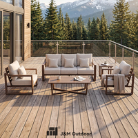 Ensemble de canapé d'extérieur J&M T842 en aluminium imitation bois, 5 places, avec coussins en tissu Sunbrella, oreillers décoratifs et table basse à lattes pour jardin de manoir