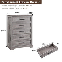 Commode haute de style farmhouse, commode de chambre à coucher autoportante à 5 tiroirs avec plateau noir, armoire de rangement blanche