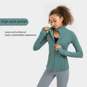 Roupa de treino feminina para ioga e academia, com zíper completo, roupa elástica para corrida, ioga, manga longa, slim, com logotipo, jaqueta esportiva 2024