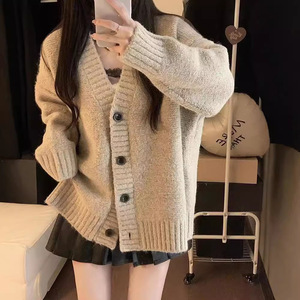 Women's V Neck Knitted Cardigan Khaki Solid Color Vintage Style Autumn Winter Sweater Coat Medium Thickness - Product Image 1