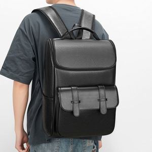 BESTELLA Waterproof Outdoor Soft PU <b>Leather</b> <b>Laptop</b> <b>Backpack</b> Rucksack for College Students Zipper Closure Men Black - Product Image 1