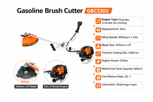 Débroussailleuse à essence MYOYT GBC3302, moteur 2 temps refroidi par air 33cc 0,9 kW, coupe-herbe professionnel, <span class=keywords><strong>lame</strong></span> en acier au carbone 255 mm - Product Image 5