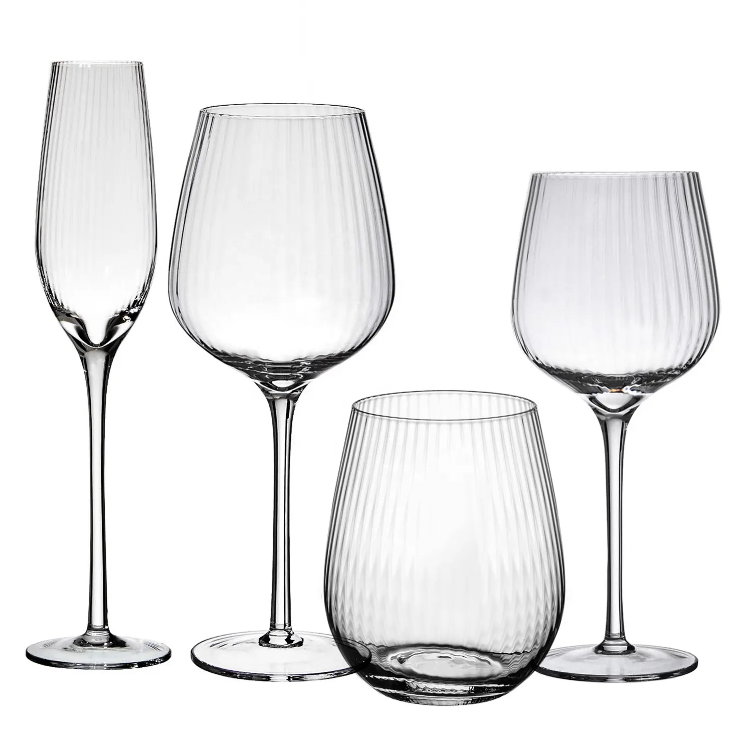 Wholesale Factory Mouth Blown Premium Quality Elegant Goblet Glass Lead Free Hand Cut Flat Bottom Ribbed Wine Glasses Set