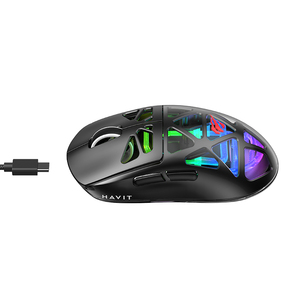 <span class=keywords><strong>Souris</strong></span> <span class=keywords><strong>sans</strong></span> <span class=keywords><strong>fil</strong></span> tri-mode Havit MS1044WB, directement de l'usine, noire, 500 mAh, RGB, rechargeable, mécanique, ajourée, pour le bureau et les jeux - Product Image 3
