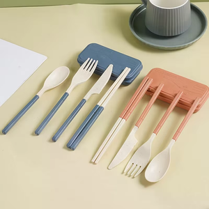 Cubiertos portátiles ecológicos de paja de trigo con caja, cuchara, cuchillo, tenedor, 4 piezas, vajilla de paja de trigo - Product Image 5