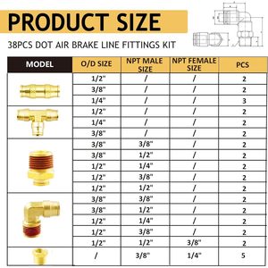 Kit de Conexiones de Latón para Frenos de Aire DOT, 38 Piezas, NPT 1/4 3/8 1/2, Conexión Rápida, Piezas de Reparación - Product Image 4