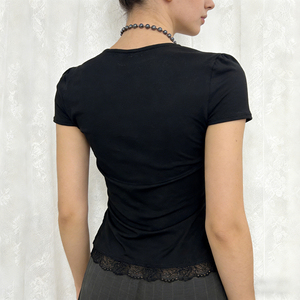 Camiseta corta ajustada con cuello cuadrado y cremallera con ribete de encaje estilo Y2K para mujer, camiseta de manga corta con cintura ajustada para chicas - Product Image 5