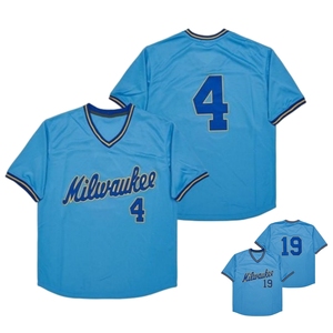 Geborduurd gestikte honkbaltrui op maat ademende sportkleding Milwaukee 4 blauw throwback vintage heren dames jeugdshirt - Product Image 1