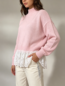 Trending Mock Neck <b>Oversized</b> Long Sleeve Pullover Lace Hem Stylish Women Top For Fall Winter Daily Outfit - Product Image 2