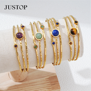 JUSTOP Gold Plated Stainless Steel Cuff <b>Bracelet</b> with <b>Amethyst</b> Bezel Setting Trendy Geometric Unisex Jewelry - Product Image 5