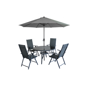 Juego de 6 piezas para Patio, juego de muebles de comedor con eslinga para exteriores, con 4 asientos, silla plegable, mesa redonda para <span class=keywords><strong>terraza</strong></span>, además de sombrilla - Product Image 1