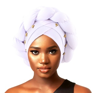Q31234 Satin African Women's Wedding Head Cover Wrap Nigerian Gele <strong>Headtie</strong> Golden Bead Braid Twisted Head Turbans Made Rayon