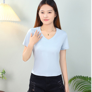 Custom logo 100% Mercerized Cotton Women's <b>Cropped</b> Tops Slim Fit <b>T</b> <b>Shirt</b> Tee Blanks 170gsm Short Sleeve Crop Tshirts - Product Image 3