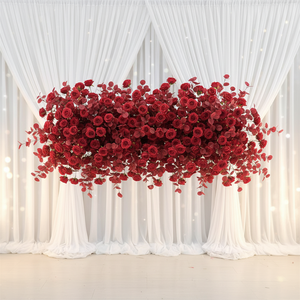 Fondo arqueado de boda IFG, fila de <span class=keywords><strong>flores</strong></span> <span class=keywords><strong>rojas</strong></span> de 8 pies de longitud con algunas decoraciones de hojas <span class=keywords><strong>rojas</strong></span> - Product Image 1