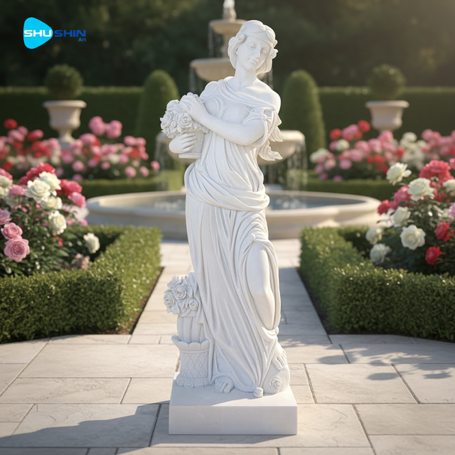 Custom Handmade Elegant Garden Home Decoration Life-Size Natural White Marble Classical Greek Lady Statue Holding Flowers