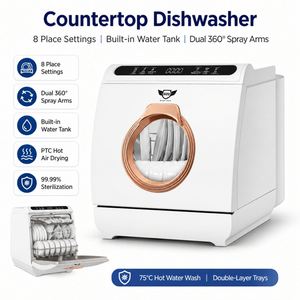 Lave-vaisselle de comptoir 8 couverts avec réservoir d'eau intégré, double rotation à 360° °   Bras de pulvérisation, séchage à chaud PTC, 12 programmes de lavage - Product Image 5