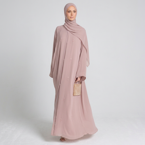 Elegant Dusty Pink Embroidered <b>Abaya</b> With Matching Hijab For Women Modest Floor Length Long Sleeve Viscose Dress - Product Image 1