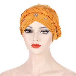 Turban africain uni pour femmes musulmanes, taille unique, en polyester tressé, <span class=keywords><strong>avec</strong></span> <span class=keywords><strong>perles</strong></span> dorées - Product Image 6
