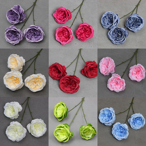 Fleurs artificielles Austin Rose, 3 têtes, tige unique, en plastique PU et soie, pour décoration de mariage - Product Image 1