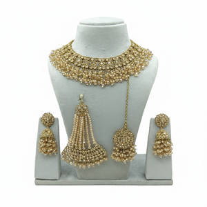 Royal Fancy Collection High Quality White Alloy Ethnic Pearl Kundan Bridal <b>Set</b> Heavy <b>Gold</b> Plated Choker Handcrafted Engagement - Product Image 2