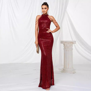 Halter Neck <b>Sequined</b> Bodycon Evening Gown Gold And Wine <b>Red</b> Solid Color Polyester Fiber Mid Waist Formal Dress - Product Image 5