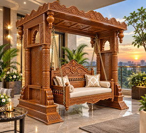 Balançoire Mandap Jhula en bois artisanale, traditionnelle indienne, suspendue, avec un design sculpté complexe, mobilier d'extérieur, pour 3 personnes, en tissu - Product Image 5
