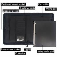 Carpeta de cartera ejecutiva de negocios de cuero negro Carpeta de documentos de archivo con cremallera con Bloc de notas