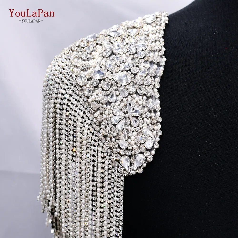 YouLaPan SP36 Handmade Silver Rhinestones Tassel Applique Sewing Accessories for Clothing Bridal Wedding Dress Patch