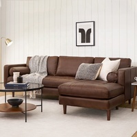Sofa Seksional Bentuk L Dua Dudukan Gaya Midcentury Modern, Kain Beludru, Kaki Kayu, Furnitur Ruang Tamu Elegan