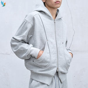 Vente en gros éponge française délavé à l'acide gris 100% coton vieilli teint à froid Boxy Crop fermeture éclair complète sweat à capuche vierge pour hommes - Product Image 1