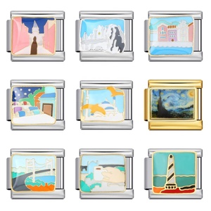 Breloques modulaires en acier inoxydable à maillons, motifs paysages artistiques, ville nocturne étoilée, phare, mosquée, pont, cadeau pour les amateurs d'art et de voyage - Product Image 1