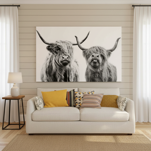 Highland Cow Art Deco Panel Print Black & White Scottish Farmhouse <b>Wall</b> Hanging Wrapped <b>Canvas</b> - Product Image 3