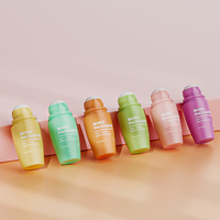 Bouteille à bille personnalisée 75 ml en PP, finition mate, ouverture facile, couleurs bleu/jaune, impression sérigraphique, logo personnalisé pour produits essentiels