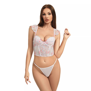 OEM custom logo romantic adjustable corset lace flutter sleeve cropped g-string panties women bustier top floral lingerie set