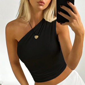 Canotta in tinta unita a spalla singola aperta sul retro plissettata Y2k per donne estate una spalla Crop <span class=keywords><strong>Top</strong></span> - Product Image 1