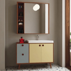 Conjunto de lavabo de cerámica <span class=keywords><strong>Bauhaus</strong></span> de una pieza para <span class=keywords><strong>baño</strong></span>, mueble de lavabo con lavamanos de madera de caucho y esmalte horneado, artículos sanitarios para lavarse las manos - Product Image 1