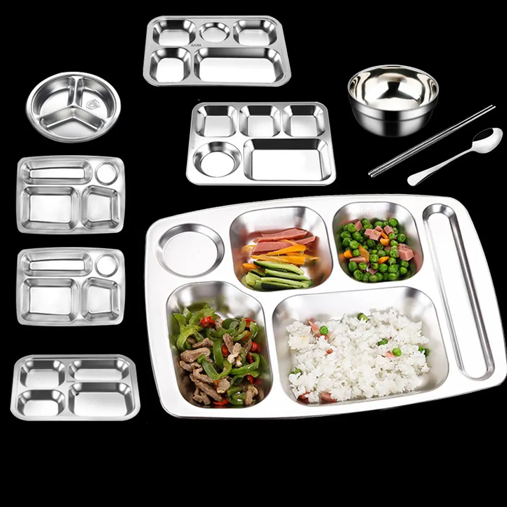 Piatti in acciaio inossidabile IKITCHEN vassoio per alimenti piatto da pranzo diviso Set di 6 piatti per mensa scolastica
