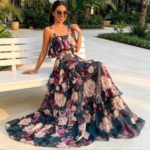 Women Summer Casual Floral Print Two Piece Set Sleeveless Ruffle <b>Crop</b> Tiered Maxi <b>Skirt</b> Breathable Boho Beach Vacation Outfit - Product Image 4