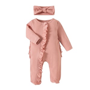 Tissu gaufré confortable nouveau-né bébé filles barboteuse à glissière bébé pyjamas mignon barboteuse maison climatisation vêtements barboteuse pour bébé - Product Image 1