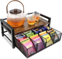 Organisateur de sachets de thé en gros, 8 compartiments, support de rangement en bois naturel et métal avec tiroir, multi-usages pour cuisine et bureau