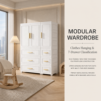 Armoire moderne en plastique blanc avec tringle de suspension, tiroirs et poignées dorées – Organisateur de rangement pour chambre à coucher – Vente en gros